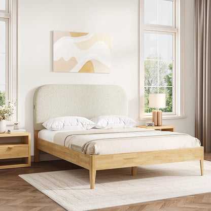 KISLOT Wood Bed Frame with USB & Type-C Charging, Boucle Platform Bed with Upholstered Headboard Mattress Foundation No Box Spring Needed Easy Assembly