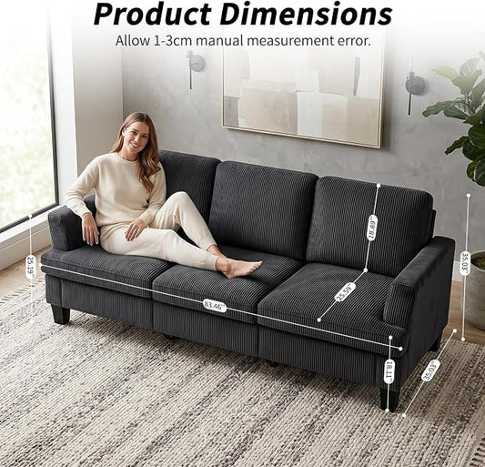 Modern 3 Seater Sofa for Living Room with Soft Deep Seats, Sofa 3 Seater in Linen, Upholstered Apartment Sofa with Armrests, Comfy Cozy Sofas for Bedroom (Corduroy, Dark Gray)