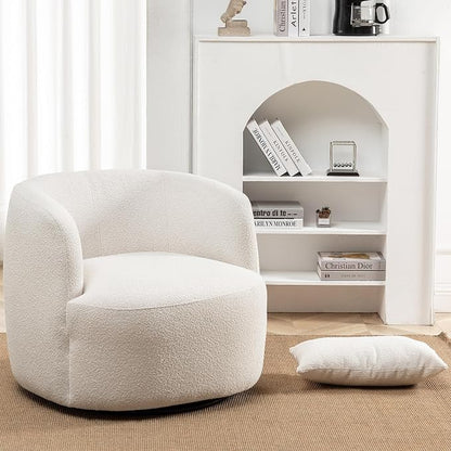 KINWELL 34" Wide Boucle Swivel Barrel Chairs Set of 2, No Assembly Round Upholstered Armchairs Accent Chairs Single Sofa Chair with Toss Pillow for Living Room and Bedroom, Beige