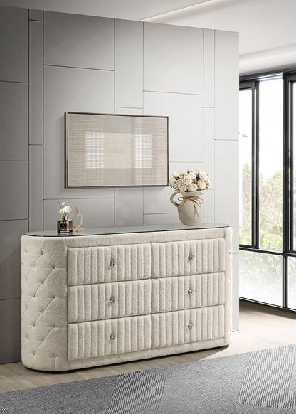 Coaster Home Furnishings - Sonya - Wood - Boucle Upholstered 6-Drawer Dresser with Crystal Hardware, Tufted Panels and Glass Top - Bedroom - Ivory - 360113