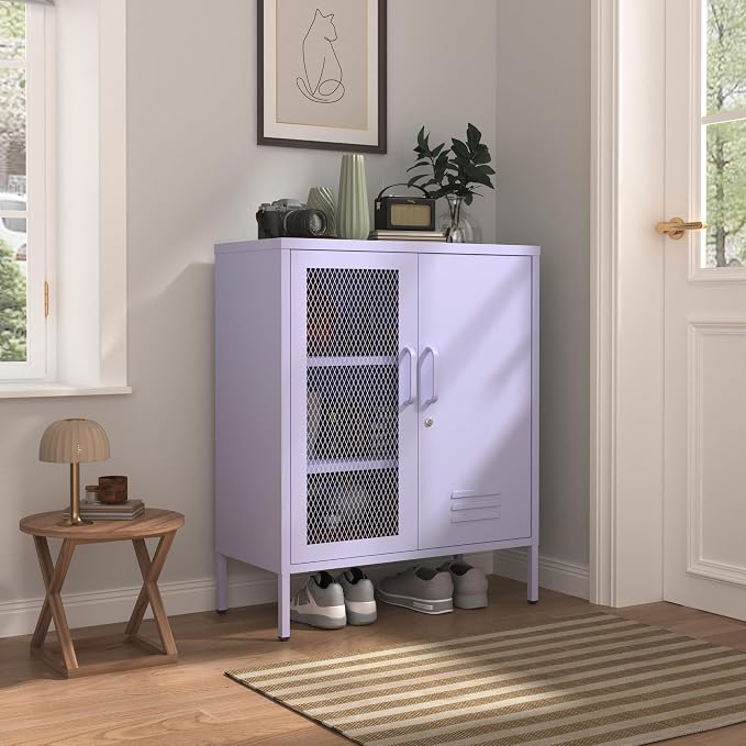 Purple Metal Storage Cabinet with Adjustable Shelf, Lockable 2 Door Sideboard, Multipurpose Widened Storage Locker for Kitchen Home Bedroom Living Room Office 33" H X 29.5" W X 13.8" D