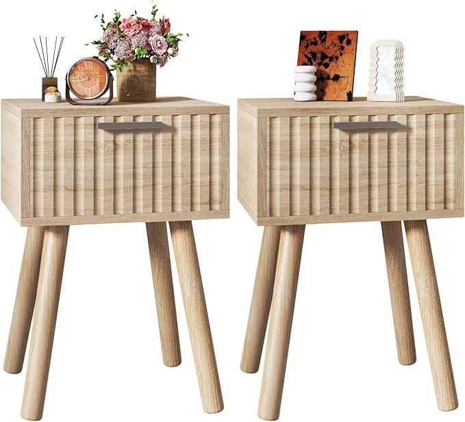 YMYNY Narrow Fluted Nightstand Set of 2, Small End Table, Modern Coffee Table with Drawer, Solid Wood Legs, Retaining Chain, for Bedroom and Small Spaces, Natural UHST014R-2
