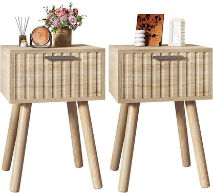 YMYNY Narrow Fluted Nightstand Set of 2, Small End Table, Modern Coffee Table with Drawer, Solid Wood Legs, Retaining Chain, for Bedroom and Small Spaces, Natural UHST014R-2