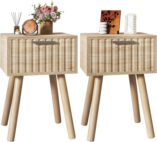 YMYNY Narrow Fluted Nightstand Set of 2, Small End Table, Modern Coffee Table with Drawer, Solid Wood Legs, Retaining Chain, for Bedroom and Small Spaces, Natural UHST014R-2