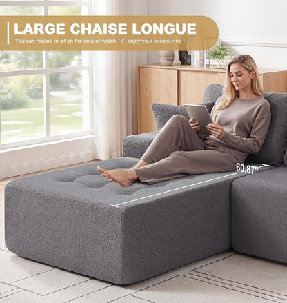 Hobestluk Modular Sectional Sofa Couches L-Shape Couch 3 Seat Modular Sofa Memory Foam Sectional Couches for Living Room, Cloud Couch with Oversized Chaise (Grey Tufted, 108", Left Hand Facing)