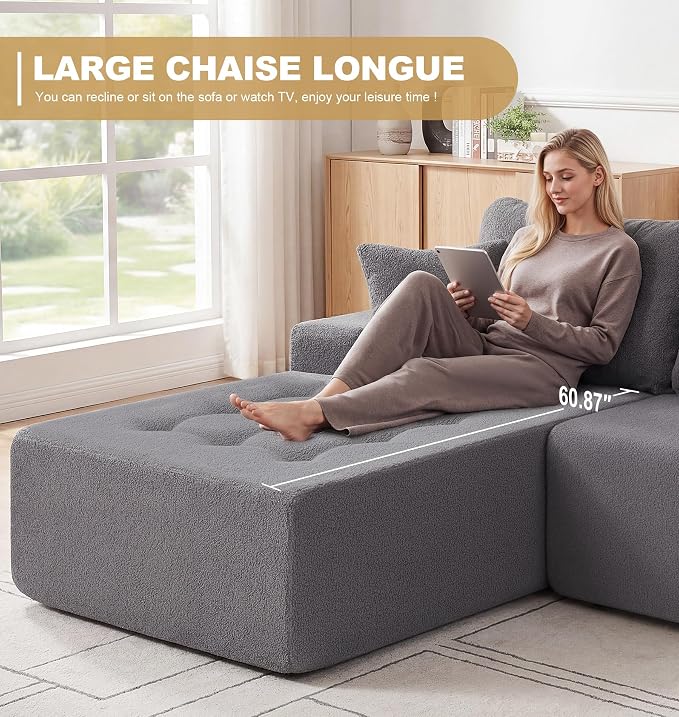 Hobestluk Modular Sectional Sofa Couches L-Shape Couch 3 Seat Modular Sofa Memory Foam Sectional Couches for Living Room, Cloud Couch with Oversized Chaise (Grey Tufted, 96", Left Hand Facing)