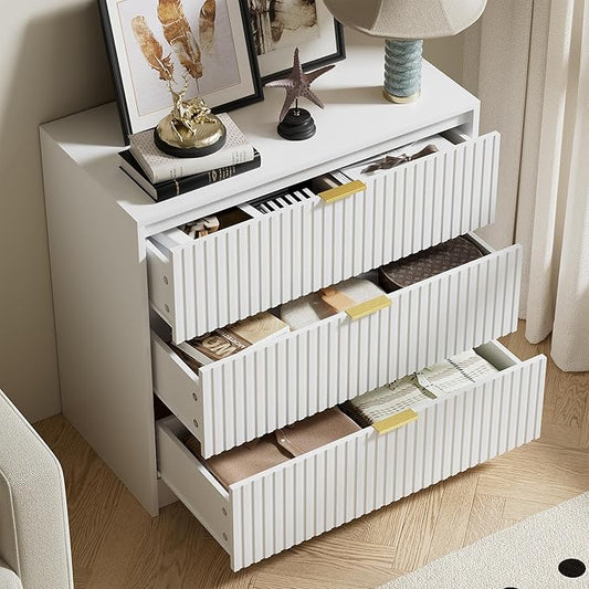 Furniway White Dresser Bedroom Set 3 Pieces, Nightstands Sets of 2, 6 Drawer Dresser with Gold Handles for Bedroom
