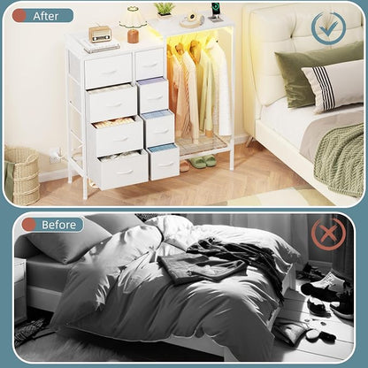 HIGDBFE Dresser with Hanging Rack, 8-Drawer Dresser for Bedroom with Charging Station & LED Lights, Fabric Dressers with Shoe Rack, Chest of Drawers with Wooden Top for Bedroom, White, 11.8" D