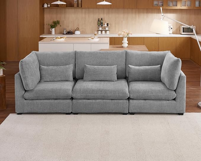 115" Oversized Chenille Couch Modular Sectional Sofa, Washable Cloud Couch Sectional, 3 Seater Sectional Couches for Living Room, Fully Cover Removable, Basic 3 Seater, Chenille, Grey