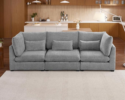 115" Oversized Chenille Couch Modular Sectional Sofa, Washable Cloud Couch Sectional, 3 Seater Sectional Couches for Living Room, Fully Cover Removable, Basic 3 Seater, Chenille, Grey