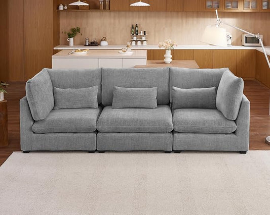 115" Oversized Chenille Couch Modular Sectional Sofa, Washable Cloud Couch Sectional, 3 Seater Sectional Couches for Living Room, Fully Cover Removable, Basic 3 Seater, Chenille, Grey