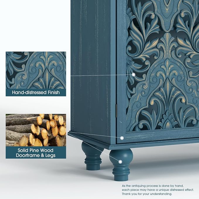 JOINICE 47" Tall Accent Cabinet with Carved Doors & Storage for Living Room,Blue Cabinet with Solid Wood Legs & 100lbs Capacity, Farmhouse/Rustic Style for Dining Room, Bedroom, Hallway, Home Office