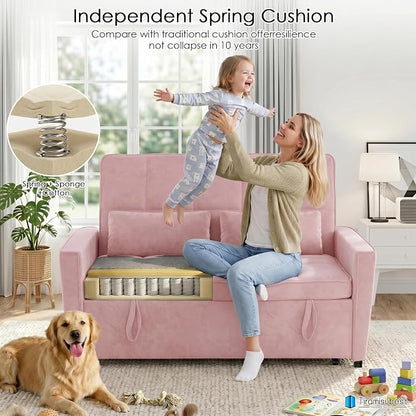 54'' Sleeper Sofa Bed, Convertible Pull Out Couch Futon for for Living Room,Apartment (Pink, Loveseat) Side Pockets, Velvet Fabric, Adjustable Backrest, Pull-Out Bed, Easy Assembly