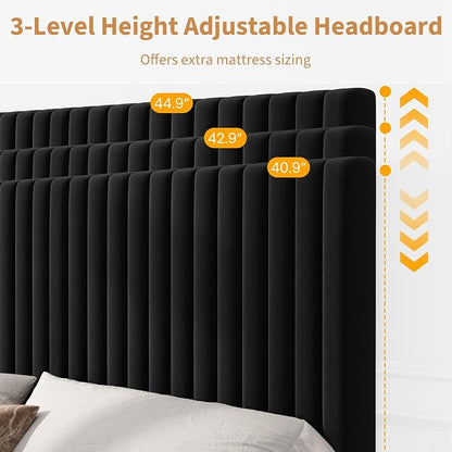 IDEALHOUSE Full Size Bed Frame with Adjustable Headboard, Velvet Upholstered Platform Full Bed Frame, Vertical Channel Tufted, Strong Wooden Slats, No Box Spring Needed, Easy Assembly, Black