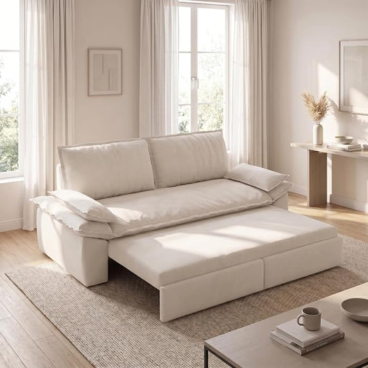 73.2" Sofa Bed Queen, 3-in-1 Pull Out Sofa Bed with Pillow Armrest, Modern Velvet Convertible Sleeper Futon Sofa for Living Room Small Space, Apartment, Bedroom, White