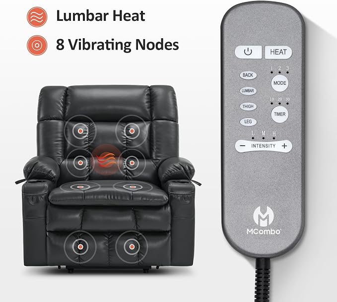 MCombo Small Dual Motor Power Lift Recliner Chair for Elderly, Zero Gravity Lift Chair with Heat and Massage, Lay Flat Recliner for Petite, USB Ports, Faux Leather R7894 (Black, Small-Wide)