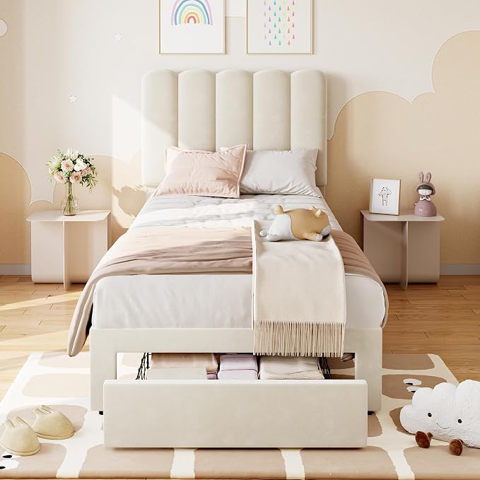 IDEALHOUSE Twin Bed Frame with Storage Drawer and Headboard, Velvet Upholstered Twin Platform Bed Frame for Girls, Strong Wooden Slats Support, Noise-Free, Easy Assembly (Beige)