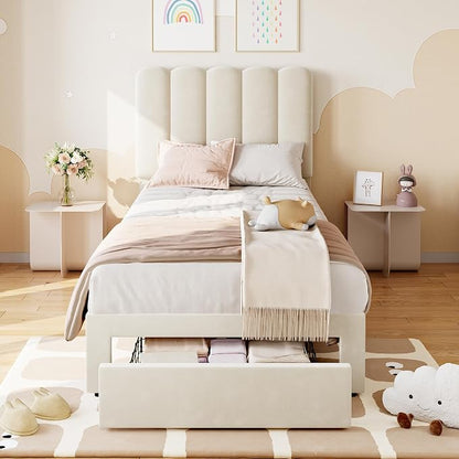 IDEALHOUSE Twin Bed Frame with Storage Drawer and Headboard, Velvet Upholstered Twin Platform Bed Frame for Girls, Strong Wooden Slats Support, Noise-Free, Easy Assembly (Beige)