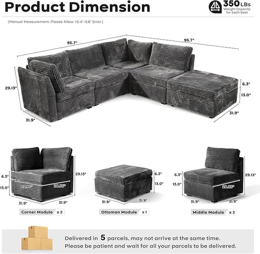 ovios Modular Sectional Sofa Couch with L-Shape Chaise Ottoman, Comfy Plush Corduroy Cloud Couches, Modern Luxury Deep Seat Sofas Set for Living Room, 5-Seater, Grey