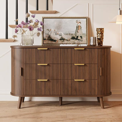 Decofy Fluted 6 Drawers Dresser, 55'' Wide Mid Century Modern Chest of Drawers with Sliding Door & Metal Handles, Curved Profile & Sturdy Legs, Wood TV Stand for Bedroom, Living Room (Walnut)