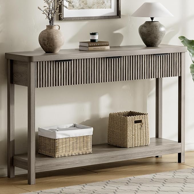 Lulive Fluted Console Table, 51 Inch Entryway Table with 3 Drawers | Scandi farmhouse look with quiet full-extension slides, open lower shelf, profile for hallway, entry, foyer or behind sofa.