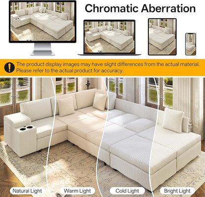 KEIKI 110" L-Shaped Oversized Plush Corduroy Modular Sectional Sofa with Pull-Out Bed, Convertible 6-Seater Sleeper Couch Bed with 1 Ottomans & USB & Cup Holders, Easy Assembly, for Living Room, Beige