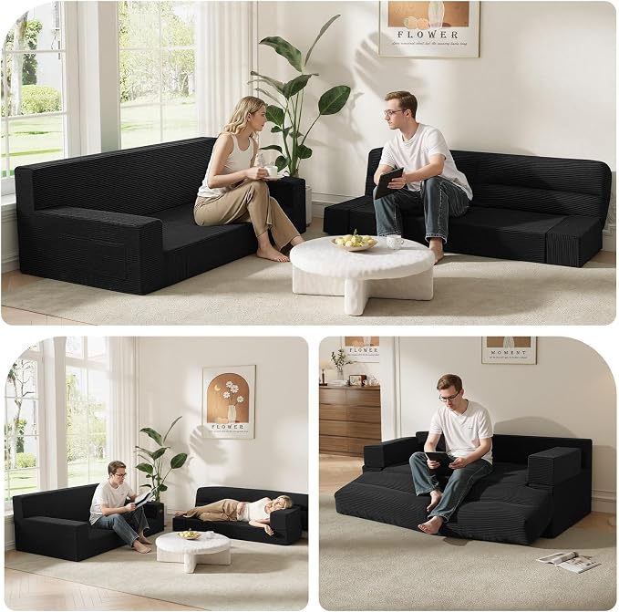 MeMoreCool Queen Sofa Bed, 4-in-1 Pull Out Couch Bed with Wedge Pillow, Boneless Futon Sleeper Loveseat, No Assembly Folding Sofa for Living Room Guest Room, Black Corduroy