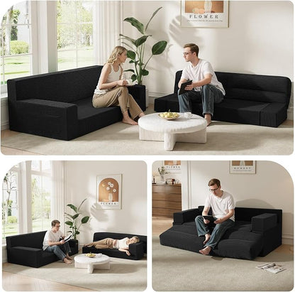 MeMoreCool Queen Sofa Bed, 4-in-1 Pull Out Couch Bed with Wedge Pillow, Boneless Futon Sleeper Loveseat, No Assembly Folding Sofa for Living Room Guest Room, Black Corduroy