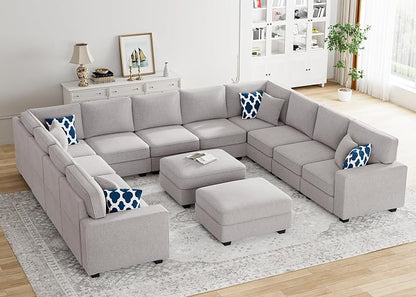 Legend Vansen Oversized Modular Sectional Sofa,U/L‑Shaped Reversible Couch with Ottoman,Deep Seat Plush Polyester Sofa for Living Room,13‑Seater,Light Grey