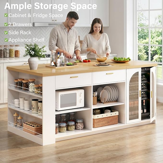 IBF 71" Large Kitchen Island with Storage, Modern Wood Island Table with Seating for 4-6, Stationary Island Cabinet with Drawers & Fridge Space, Counter Height Island Bar for Kitchen, Light Oak