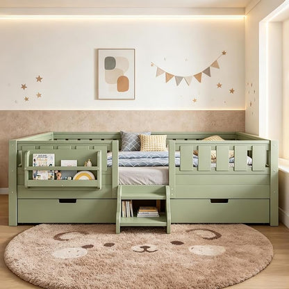 Bellemave Queen Bed with Storage Drawers & Bookshelf, Low Profile Kids Bed Frame with Staircase & Full Length Guardrails, Solid Wood Queen Bed for Kids with Slats Load 550LBS, Easy Assembly, Green