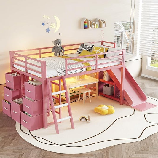 Bellemave Twin Size Low Loft Bed with Slide & 7 Fabric Storage Drawers,Metal Loft Bed Frame with Shelves and LED Lights for Boys Girls,Kids Loft Bed Twin,Pink