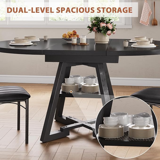 Expandable Kitchen Dining Table for 4-6, Oval Round Dining Table with Storage Shelf and Removable Extension Leaf, Space Saving Pedestal Table for Dining Room, Modern Industrial Style (Black)