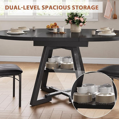 Expandable Kitchen Dining Table for 4-6, Oval Round Dining Table with Storage Shelf and Removable Extension Leaf, Space Saving Pedestal Table for Dining Room, Modern Industrial Style (Black)