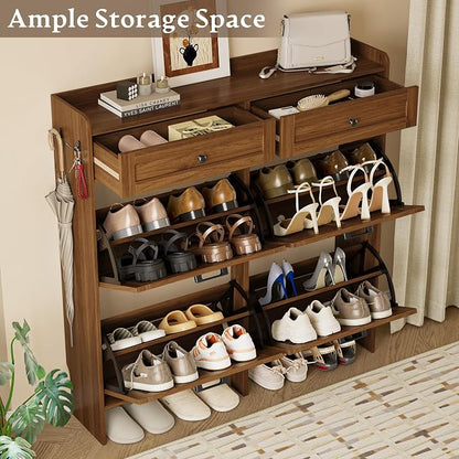 BORNOON Shoe Storage Cabinet for Entryway, Farmhouse Wide Shoe Cabinet with 4 Flip Drawers and 2 Top Drawers, Freestanding Organizer with Adjustable Shelves, Hooks, and Anti-Tip Kit for Hallway