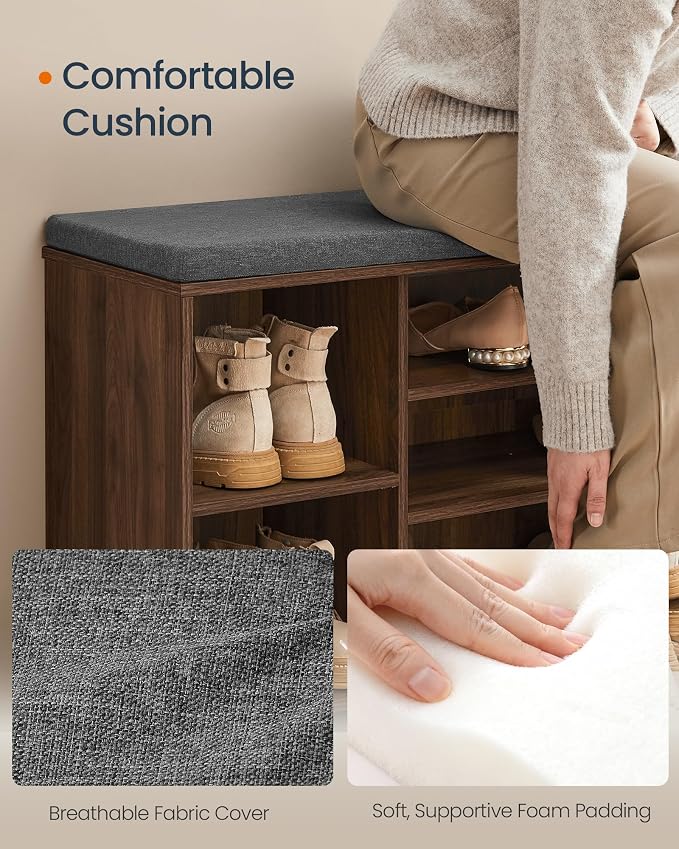 SONGMICS Home Storage Bench, Snapsemble Superfast Assembly, 41" Wide Entryway Shoe Bench with Cushion & Adjustable Shelves, Shoe Rack Cabinet, Natural Walnut and Slate Gray ULHS391KE04S