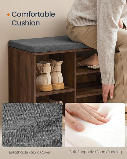 SONGMICS Home Storage Bench, Snapsemble Superfast Assembly, 41" Wide Entryway Shoe Bench with Cushion & Adjustable Shelves, Shoe Rack Cabinet, Natural Walnut and Slate Gray ULHS391KE04S