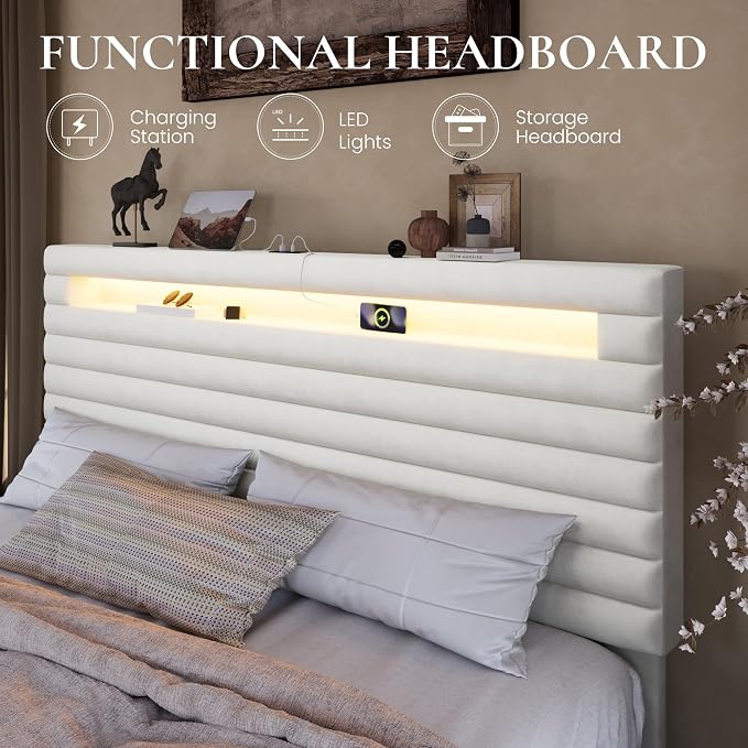 SHA CERLIN King Bed Frame with LED Light & 2-Tier Storage Shelf, Velvet Upholstered Adjustable Headboard with Charing Station, Horizontal Channel Tufted, No Box Spring Needed, Easy Assembly, White