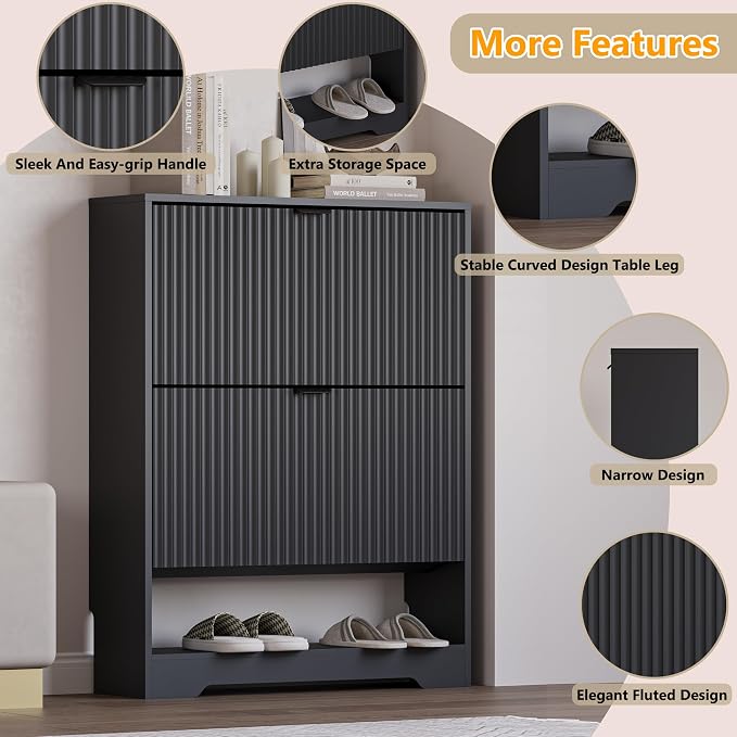BORNOON Shoe Cabinet with 2 Flip Drawers, Fluted Shoe Storage Cabinet with Adjustable Shelves, Freestanding Rack and Organizer for Entryway, Closet, Hallway