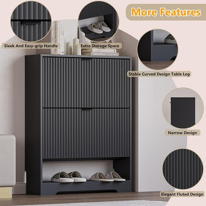 BORNOON Shoe Cabinet with 2 Flip Drawers, Fluted Shoe Storage Cabinet with Adjustable Shelves, Freestanding Rack and Organizer for Entryway, Closet, Hallway
