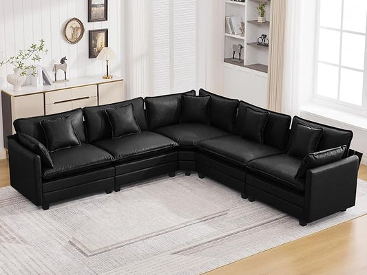 137'' V Shaped Cloud Sectional Sofa, Oversized Deep Seat Leather Couches for Living Room, Comfy Upholstered Modular Sectional Sofa Couch, Leather Black