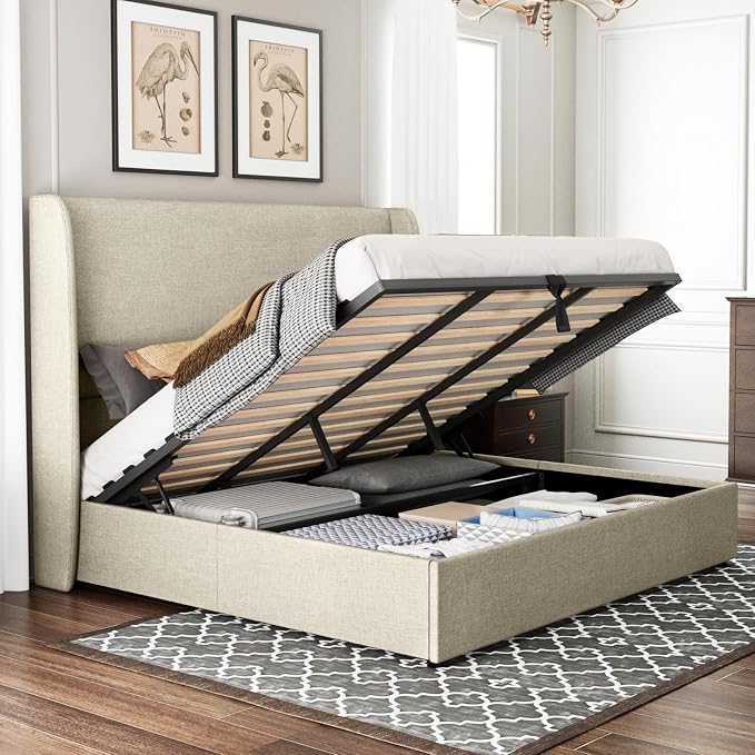 Jocisland King Size Upholstered Platform Bed Frame with Hydraulic Lift Storage, Wingback Headboard, Wood Slats Support, No Box Spring Needed, Linen Khaki
