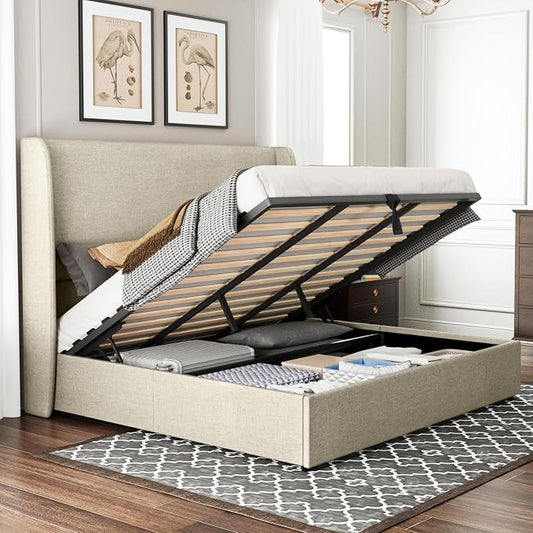 Jocisland King Size Upholstered Platform Bed Frame with Hydraulic Lift Storage, Wingback Headboard, Wood Slats Support, No Box Spring Needed, Linen Khaki