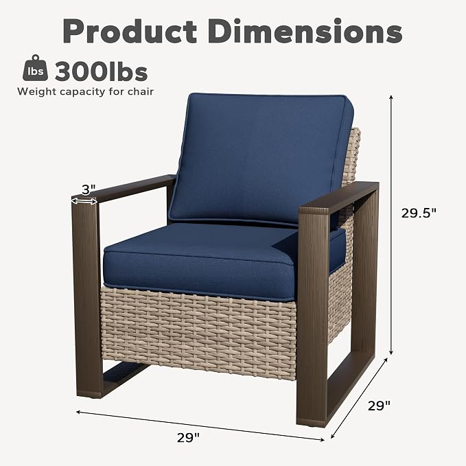Joyside Outdoor Patio Chairs Set, 2 Pieces Wicker Rattan Chairs with Metal Wide Armrest, Thick Cushions and Deep Seating for Garden, Backyard, Porch, Deck