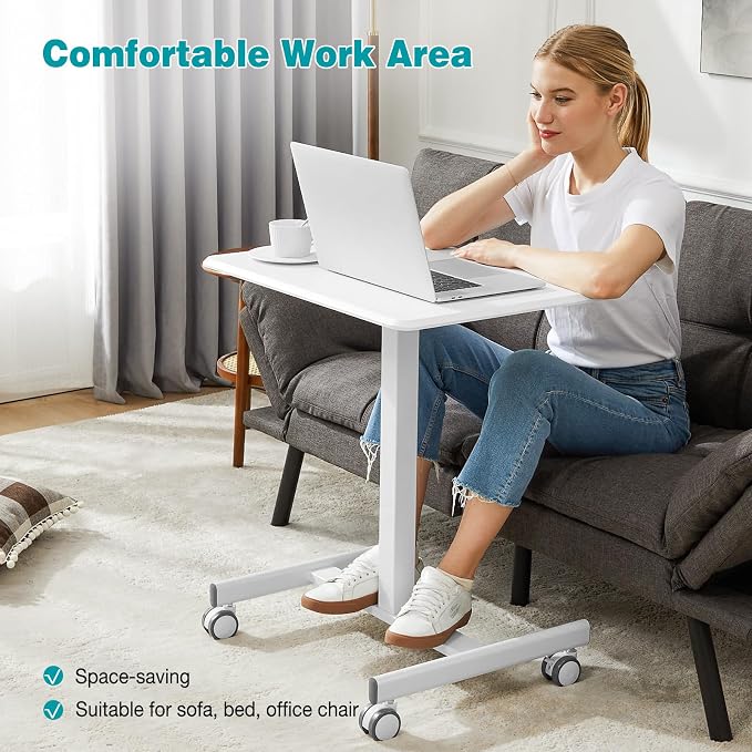 DUMOS Mobile Rolling Desk with Wheels Adjustable Height Small Standing Desks Portable Laptop PC Table Computer Workstation for Home Office Small Space Pure White