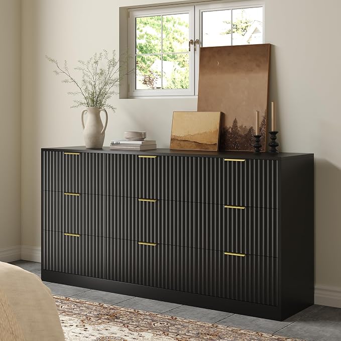 Black 9 Drawer Dresser for Bedroom, 63" Wide Modern Fluted Chest of Drawers, Wooden Dresser with Gold Metal Handles, Mid Century Large Dresser TV Stand for Living Room Hallway