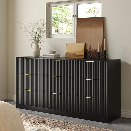Black 9 Drawer Dresser for Bedroom, 63" Wide Modern Fluted Chest of Drawers, Wooden Dresser with Gold Metal Handles, Mid Century Large Dresser TV Stand for Living Room Hallway