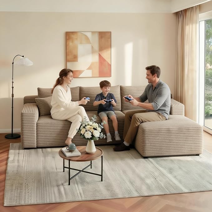 JINGLING 94" L Shape Couch with Right Chaise, Memory Foam Boneless Sectional Sofa in a Box, No Assembly Modular Small Couches for Small Spaces, Living Room, Apartments, Plush Corduroy, Camel