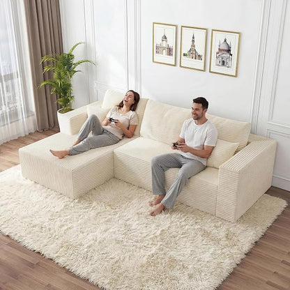 108" Cloud Couch Sectional,L-Shaped Boneless Couches for Living Room,Corduroy Modular Sectional Sofa with Deep Seats & Chaise,No-Assembly,Beige(Left Facing Chaise)