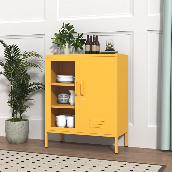 Lockable Metal Storage Locker Adjustable Shelves, 33" H 2-Door Storage Cabinets Durable Metal Sideboard Cabinet for Home Office Living Room Bedroom Yellow